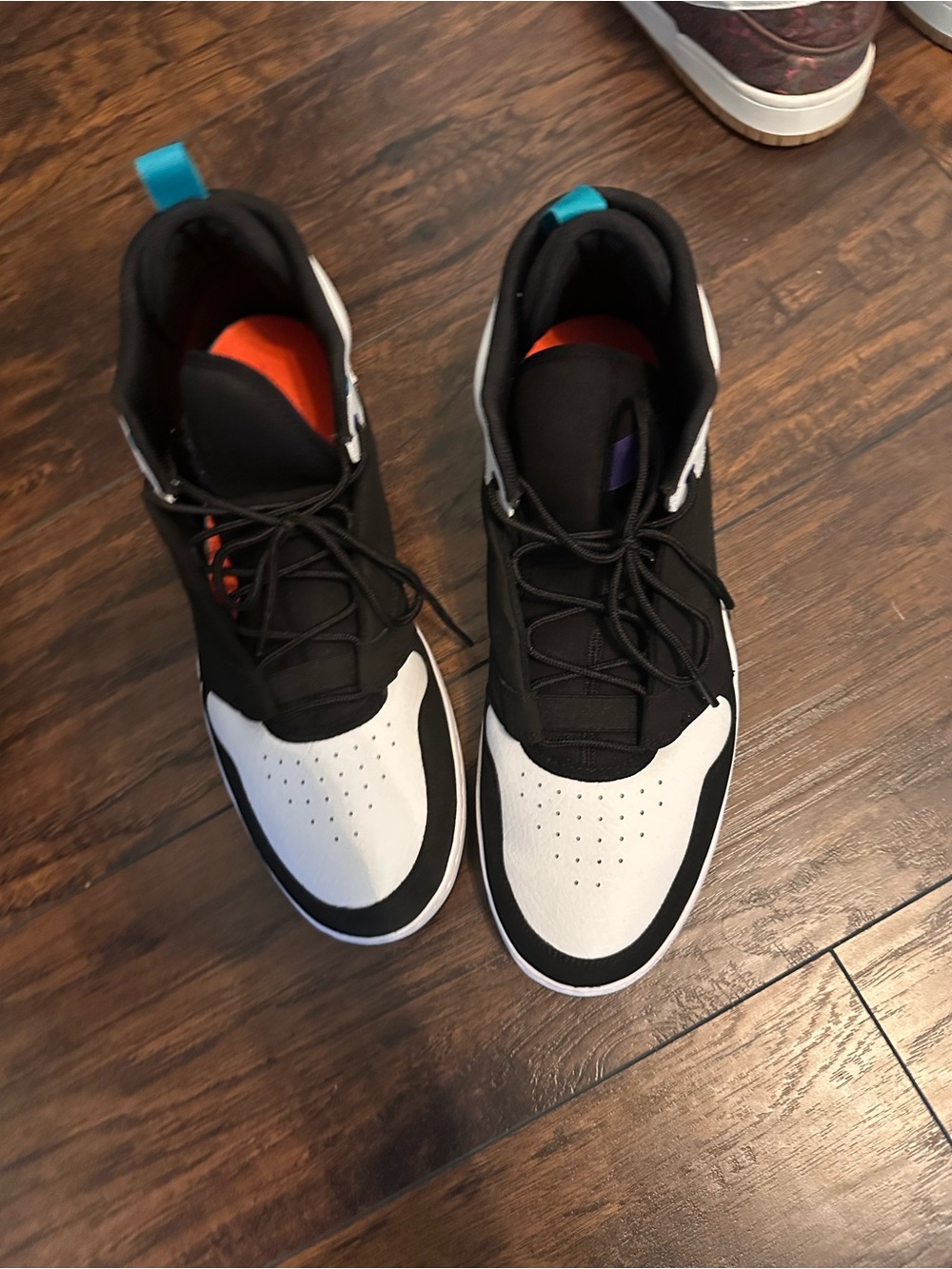 Men's Black and White Jordan High-Top Sneakers with Teal Pull Tab